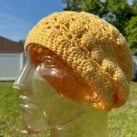 Slouchy Beanie cap hat yellow gold knitted boho cap  handmade - Picture 6 of 6